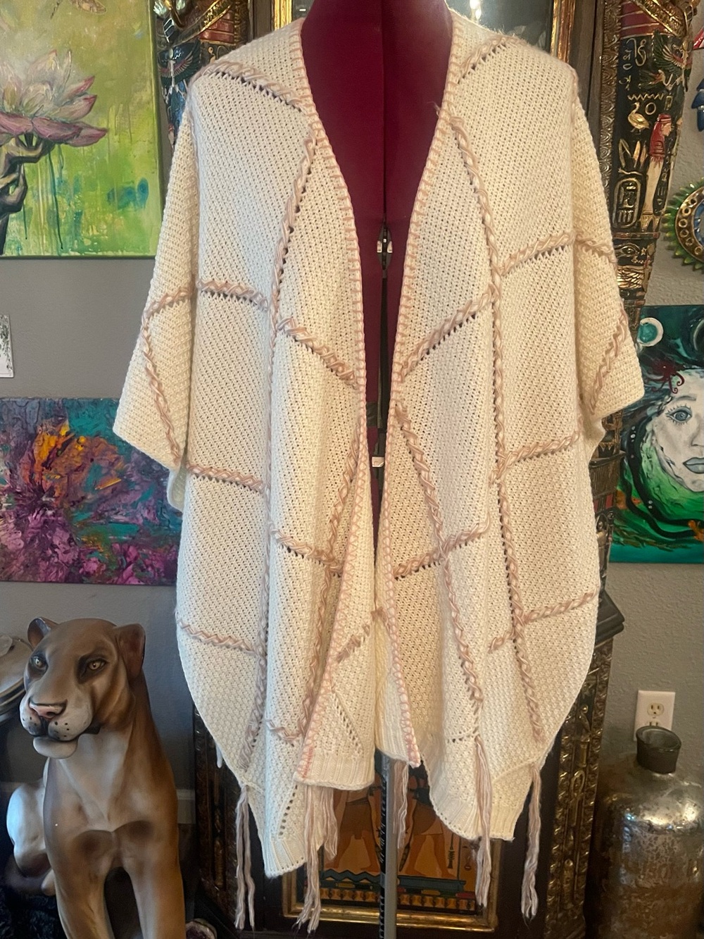 Knox Rose Cream Knit Open-Front Poncho with Fringe